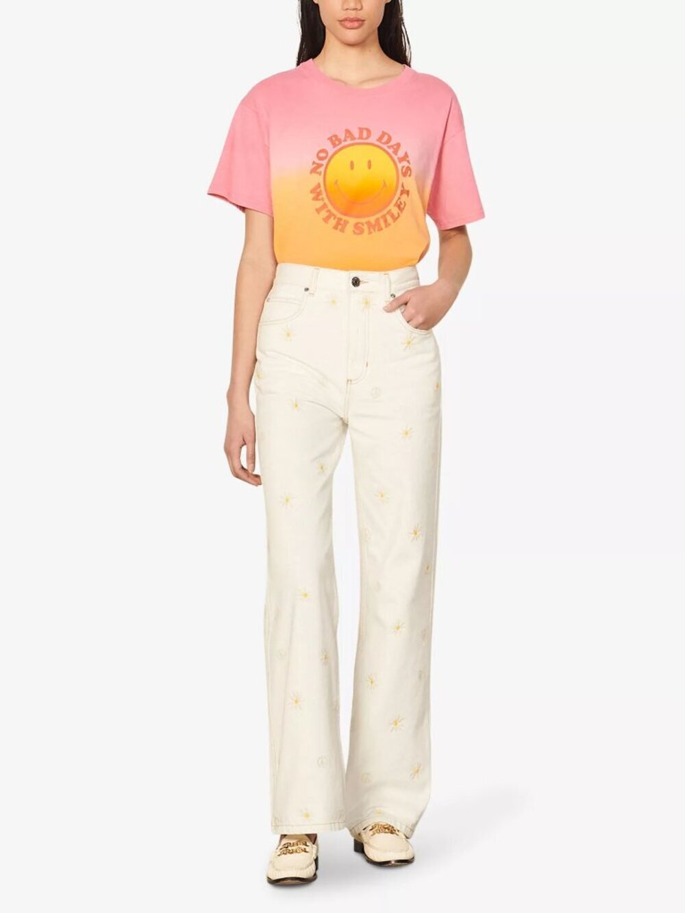 SANDRO Cyriaque White Embroidered Daisy Floral Wide Leg Jeans, Size 36/4/S